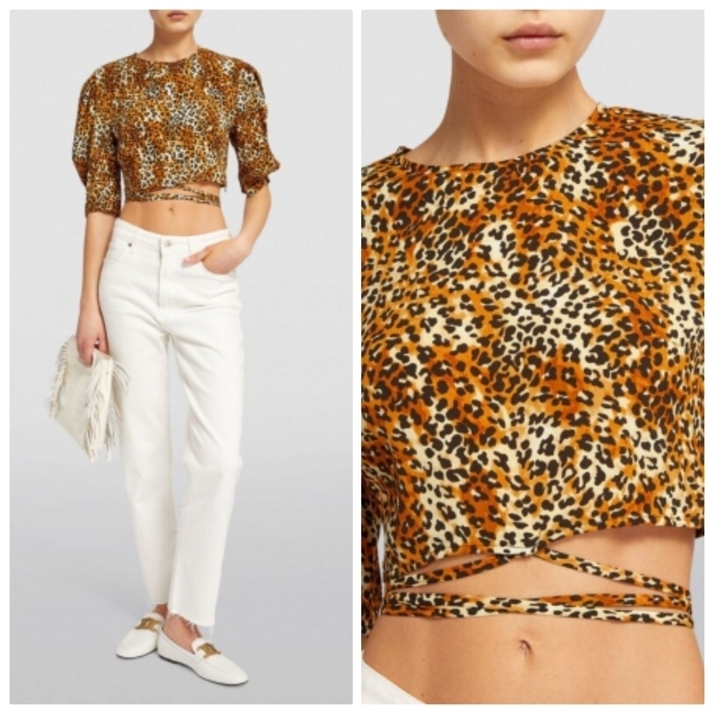 New Maje Lipard Cropped Tie Waist Crepe Leopard Print Top Size Medium US/2 FR